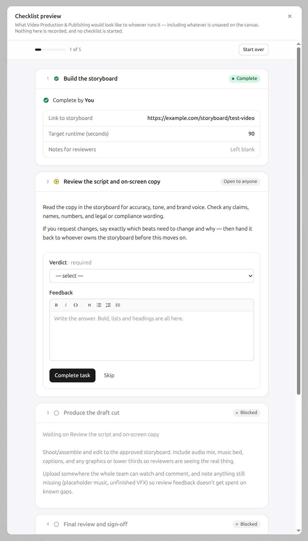 The Flightplan checklist preview, showing a completed task, an open one, and two still blocked.